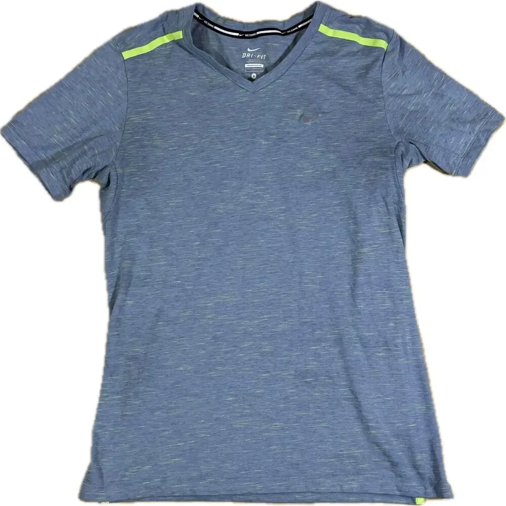 Nike Running Men’s S Dri-FIT V-Neck Athletic Tee Blue Gray Neon Green Zip Pocket